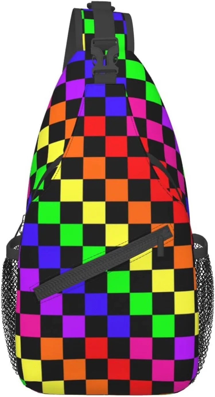 Black Rainbow Race Checkered Flag Crossbody Bags Women Men Cross Chest Bag Adjustable Sling Backpack Shoulder Bag For Cycling Travel Sport Hiking