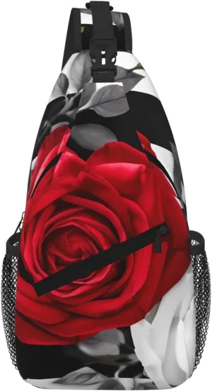 Black White Stripes Red Rose Flowers Sling Bag For Women Men Travel Hiking Backpack Crossbody Shoulder Chest Bags Casual Daypack