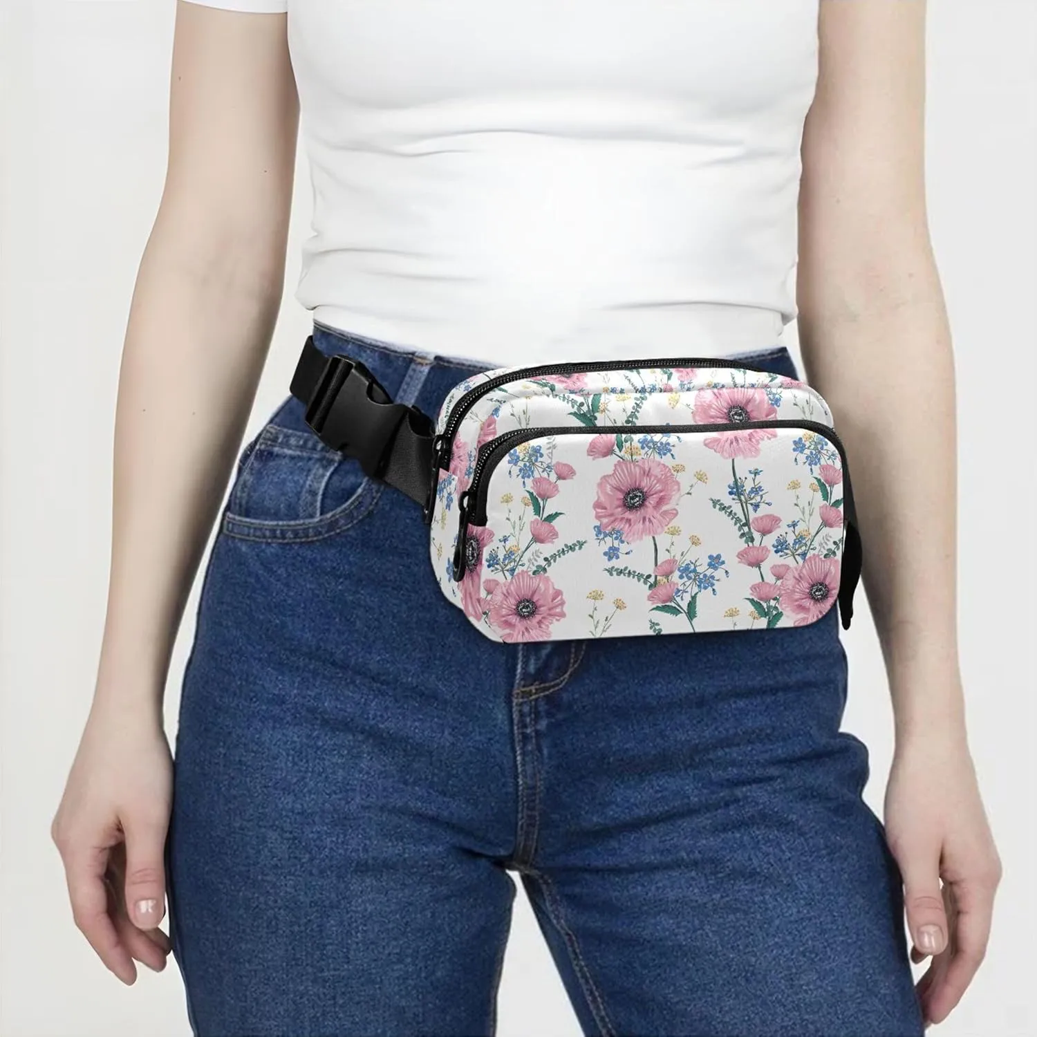 Bloom Pink Poppy Floral Waterproof Fanny Packs for Women Everywhere Belt Bag Flower Waist Pack for Women