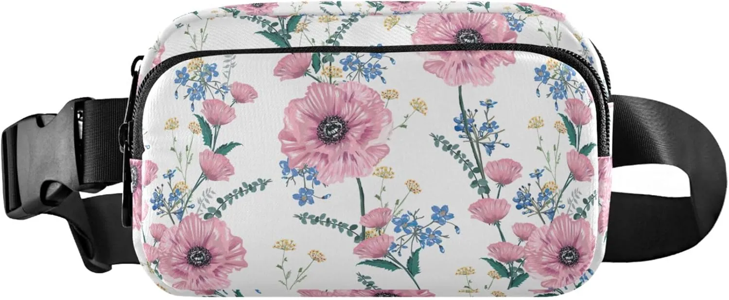 Bloom Pink Poppy Floral Waterproof Fanny Packs for Women Everywhere Belt Bag Flower Waist Pack for Women