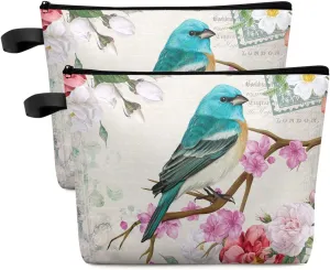 Blue Bird Peach Floral Tree Branches Cosmetic Bags for Women, Retro Letter Postage Stamp Small Makeup Bag for Purse, Waterproof Travel Toiletry Bag Accessories Organizer, 2PCS