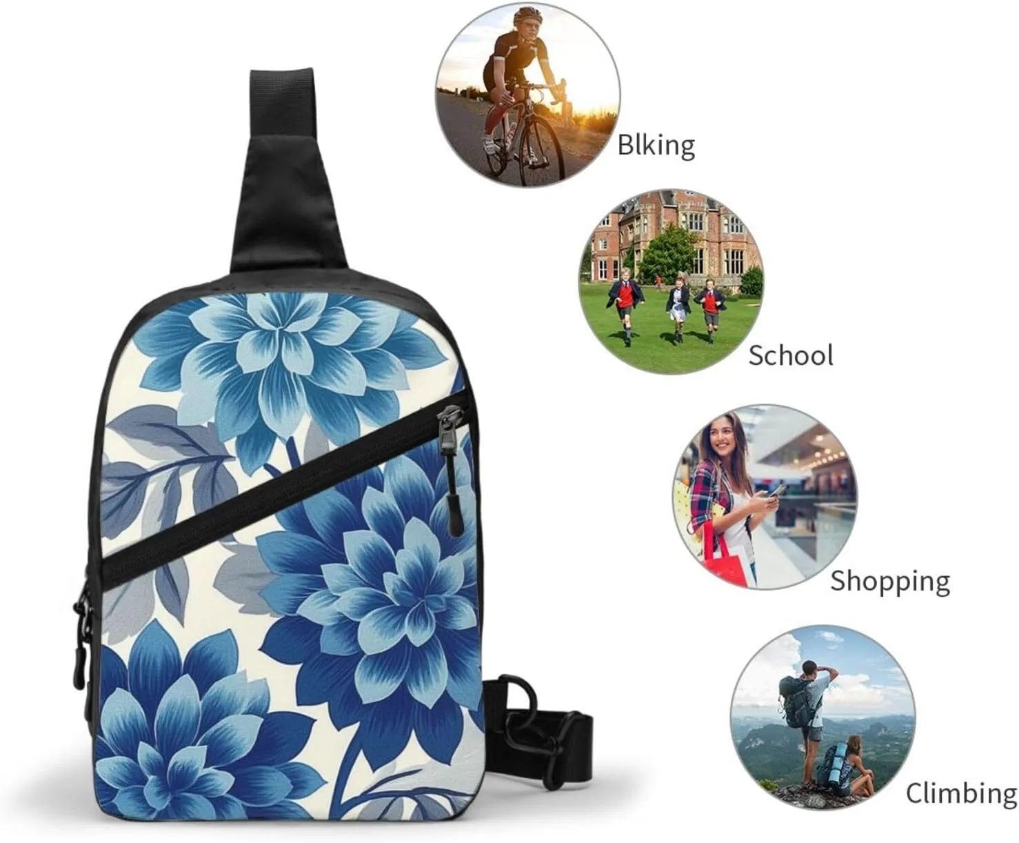 Blue Flower Print Crossbody Bags For Women, Sling Bag For Men, Hiking Backpack Lightweight For Casual Outdoor Travel