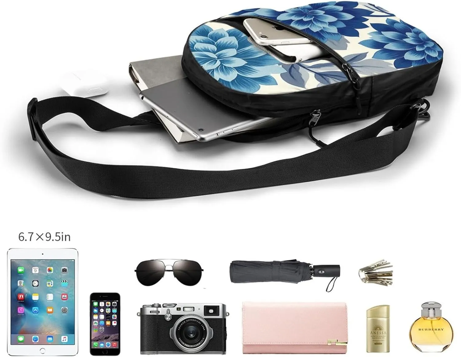 Blue Flower Print Crossbody Bags For Women, Sling Bag For Men, Hiking Backpack Lightweight For Casual Outdoor Travel