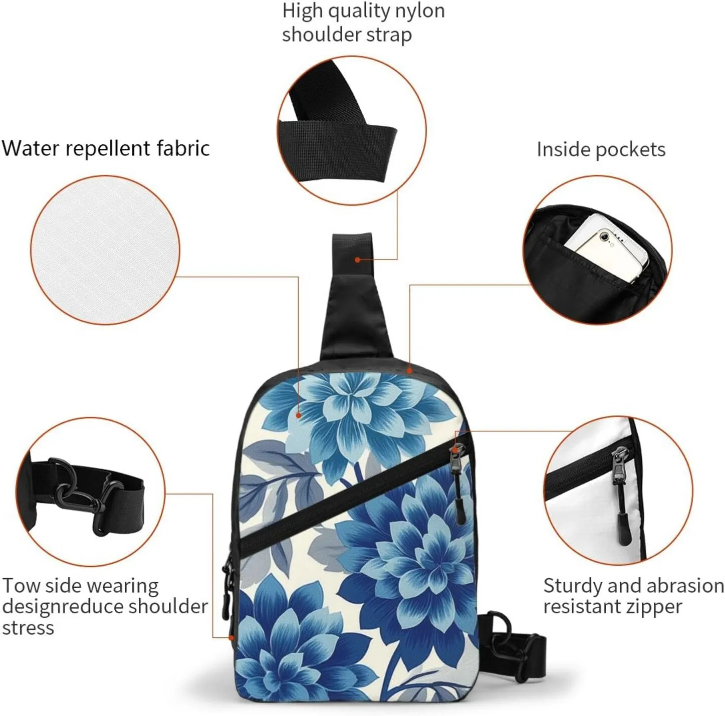 Blue Flower Print Crossbody Bags For Women, Sling Bag For Men, Hiking Backpack Lightweight For Casual Outdoor Travel