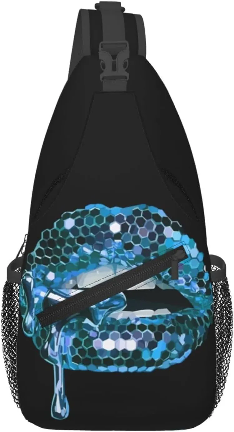 Blue Glittered Lip Chest Sling Bag Crossbody Shoulder Backpack Bag Gym Cycling Daypack Travel Hiking Cross Bag
