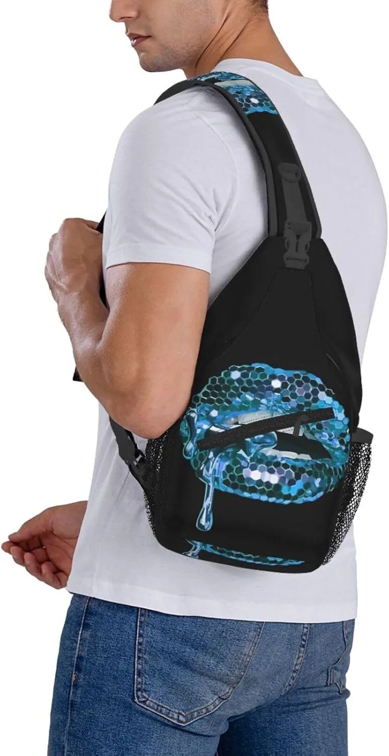 Blue Glittered Lip Chest Sling Bag Crossbody Shoulder Backpack Bag Gym Cycling Daypack Travel Hiking Cross Bag