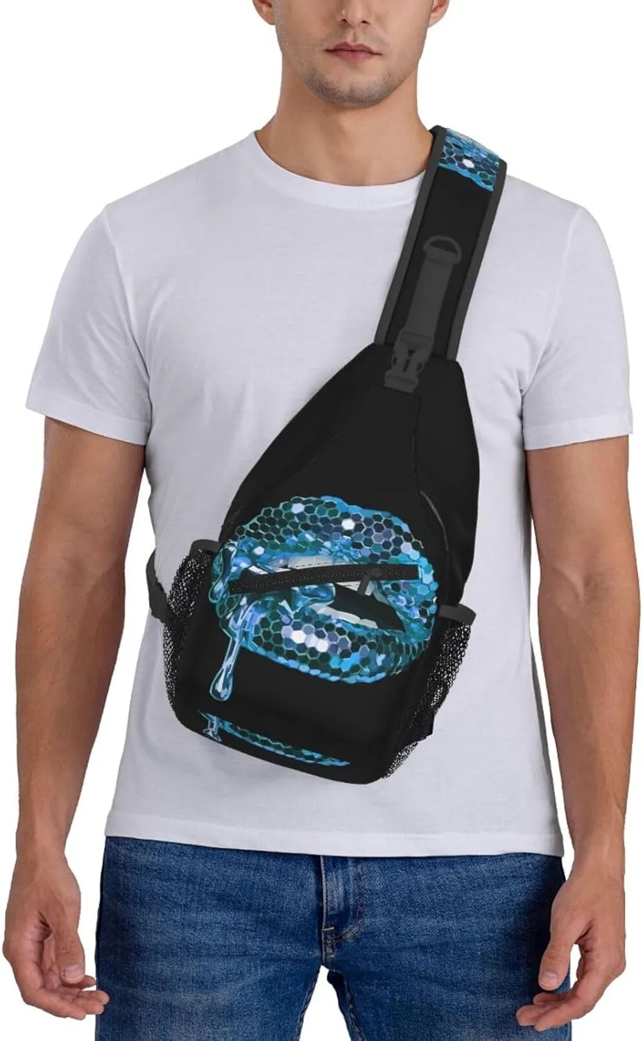 Blue Glittered Lip Chest Sling Bag Crossbody Shoulder Backpack Bag Gym Cycling Daypack Travel Hiking Cross Bag