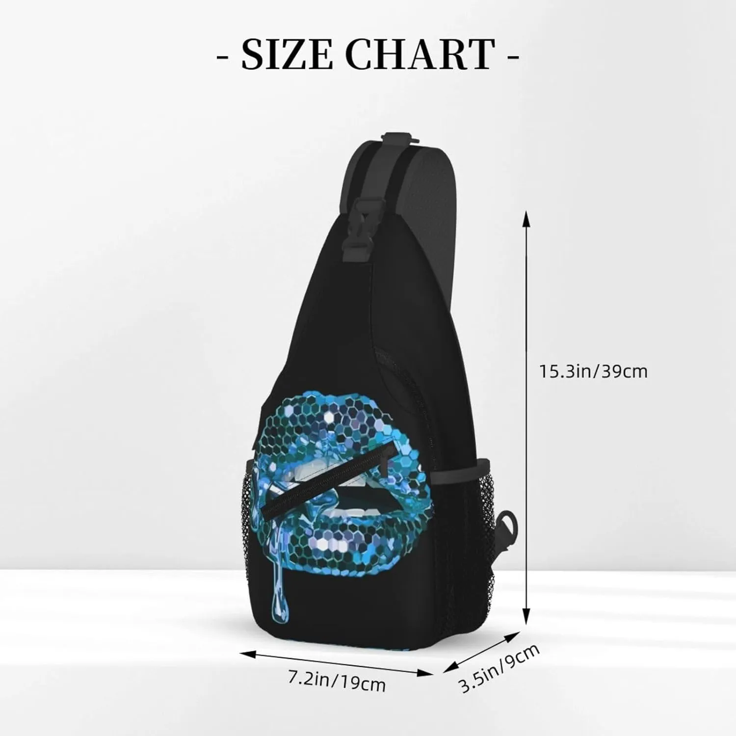 Blue Glittered Lip Chest Sling Bag Crossbody Shoulder Backpack Bag Gym Cycling Daypack Travel Hiking Cross Bag
