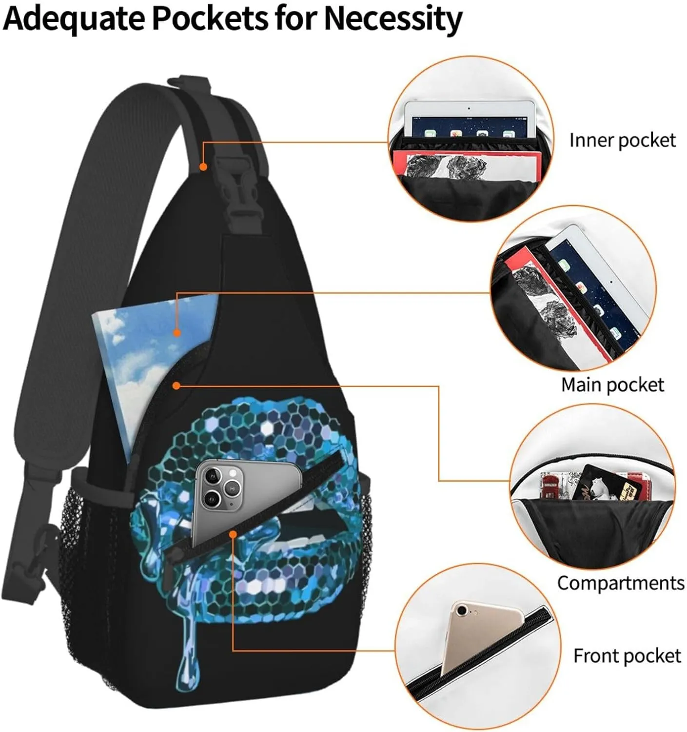 Blue Glittered Lip Chest Sling Bag Crossbody Shoulder Backpack Bag Gym Cycling Daypack Travel Hiking Cross Bag