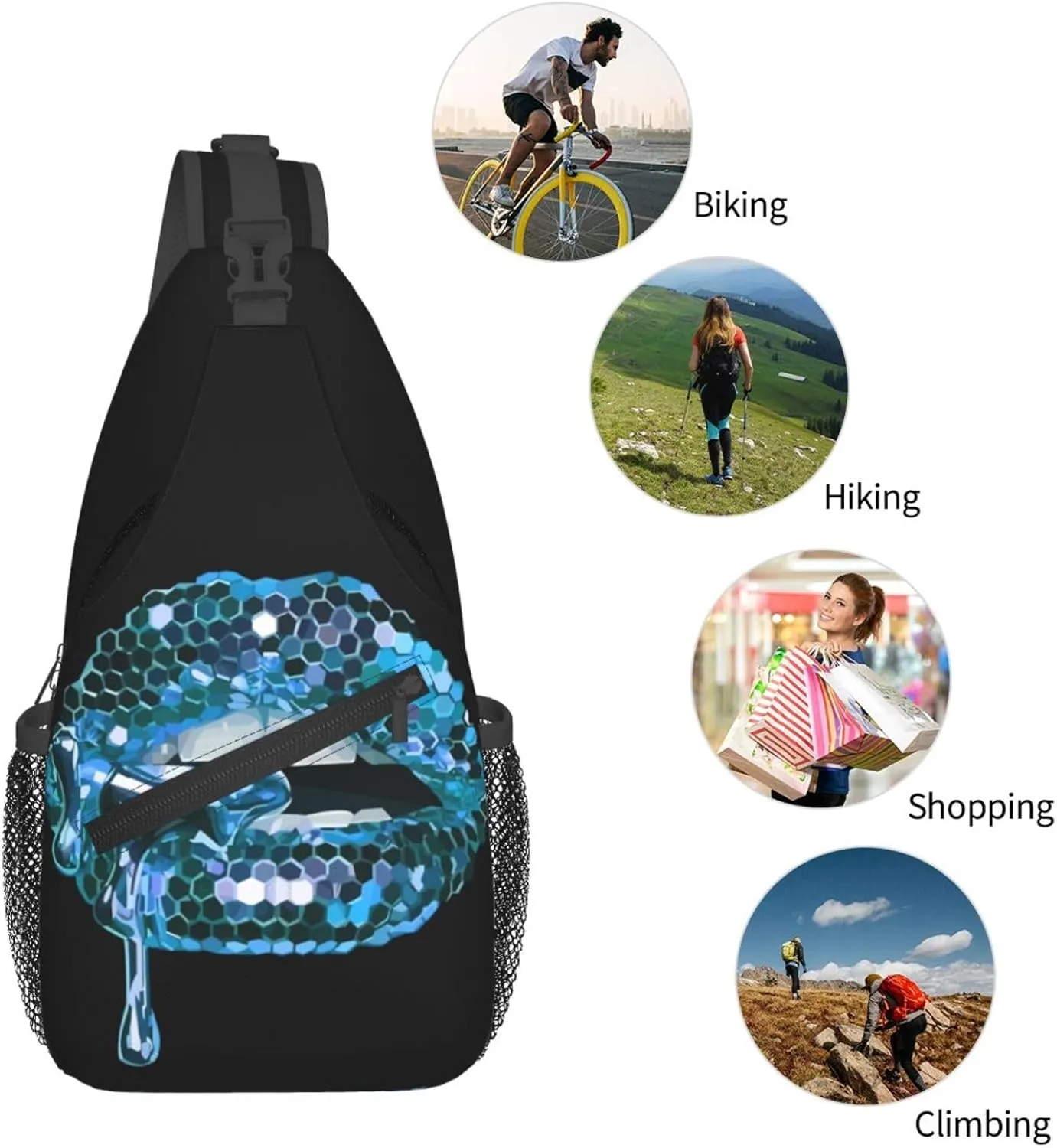 Blue Glittered Lip Chest Sling Bag Crossbody Shoulder Backpack Bag Gym Cycling Daypack Travel Hiking Cross Bag