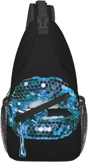 Blue Glittered Lip Chest Sling Bag Crossbody Shoulder Backpack Bag Gym Cycling Daypack Travel Hiking Cross Bag
