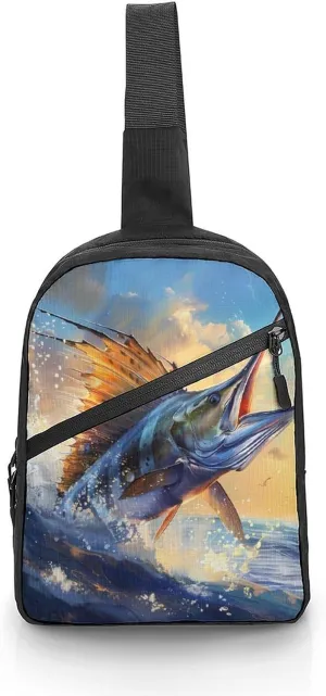 Blue Ocean Marlin Fish Sling Backpack Crossbody Shoulder Bag Casual Chest Bag Travel Hiking Daypack
