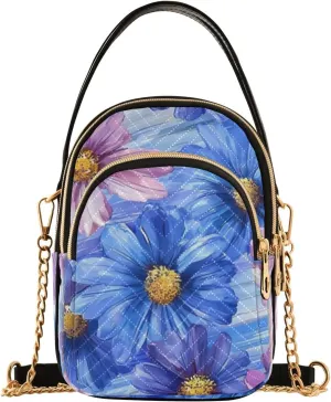 Blue Purple Daisy Flowers Oil Painting trendy sling crossbody bag with multi pockets handbag for women for travel