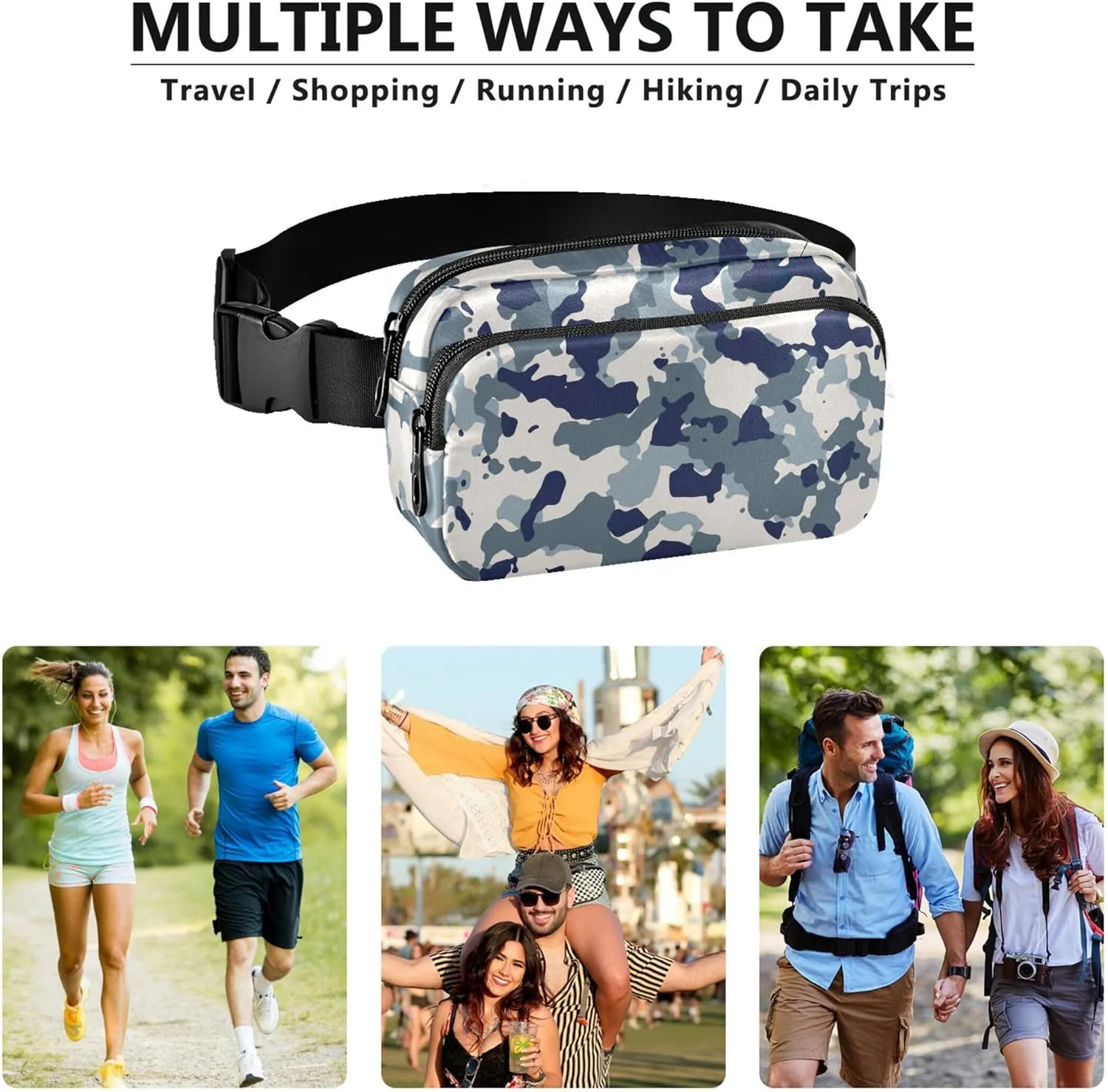 Blue White Camouflage Women Fanny Packs Large Hip Belt Bag Waterproof Fashion Waist Bag for Women