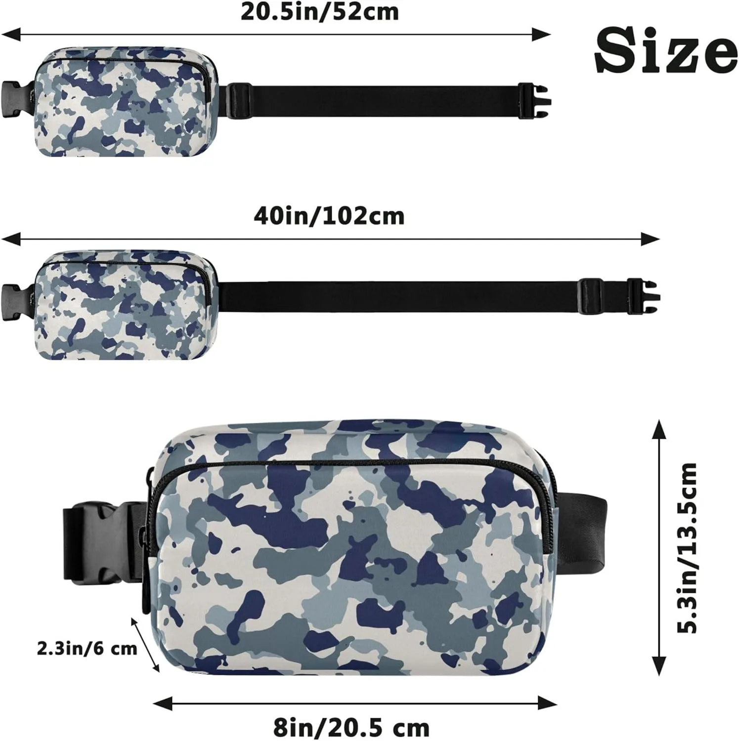 Blue White Camouflage Women Fanny Packs Large Hip Belt Bag Waterproof Fashion Waist Bag for Women