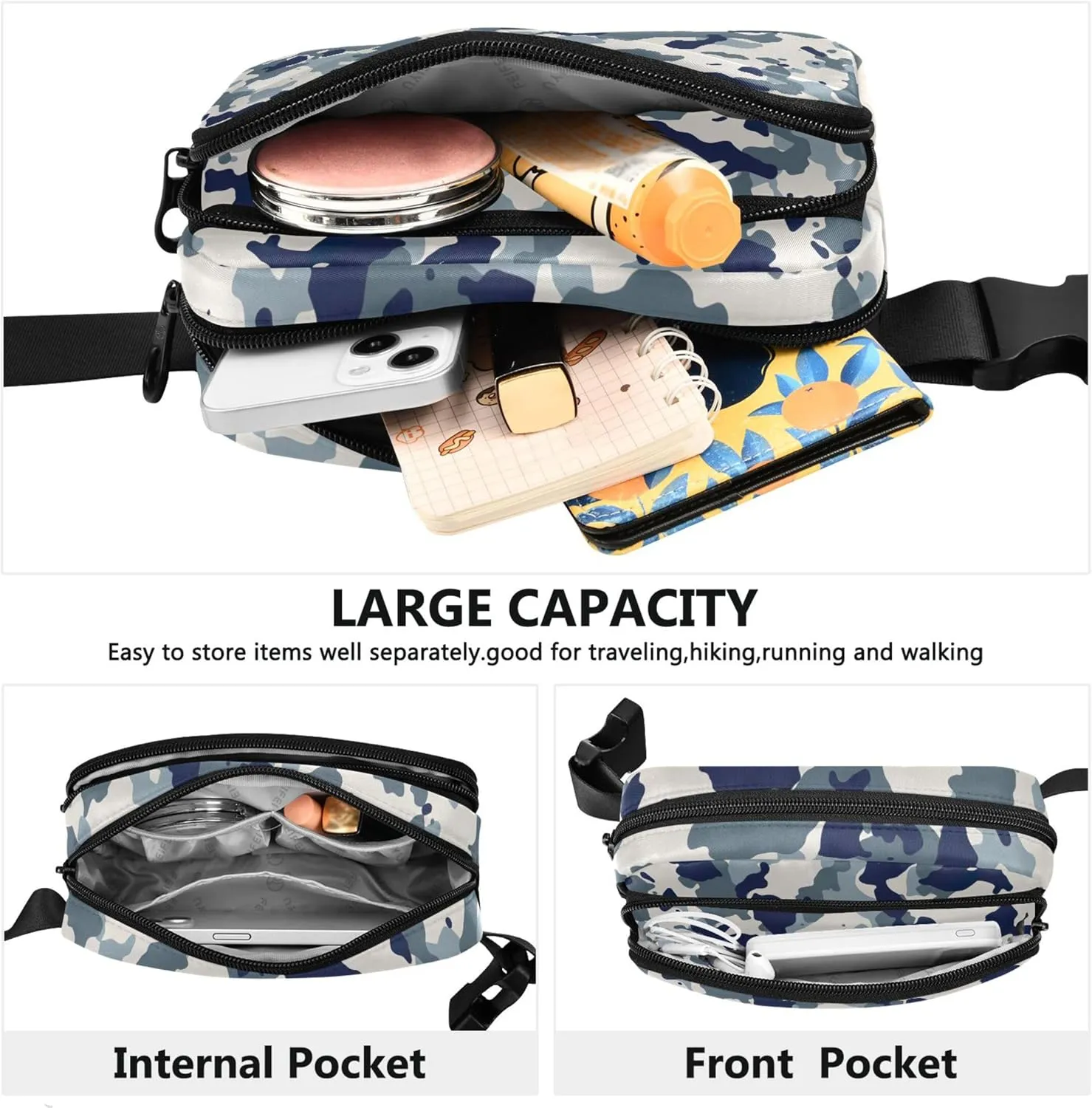 Blue White Camouflage Women Fanny Packs Large Hip Belt Bag Waterproof Fashion Waist Bag for Women