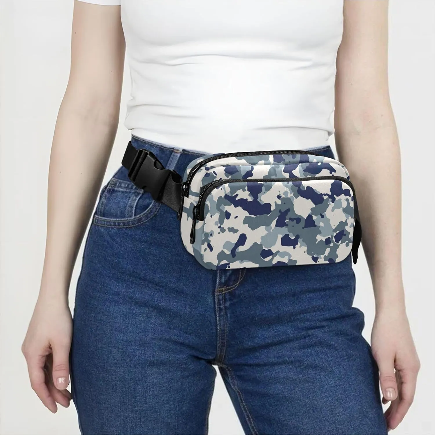 Blue White Camouflage Women Fanny Packs Large Hip Belt Bag Waterproof Fashion Waist Bag for Women