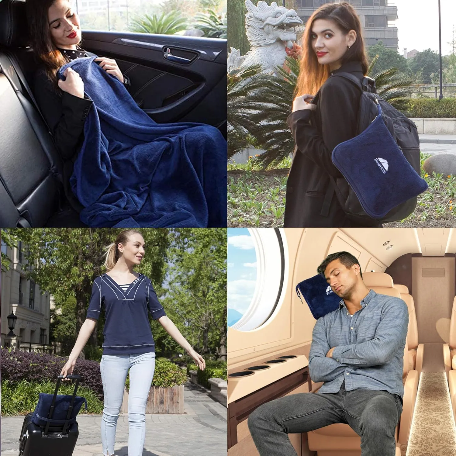 BlueHills Premium Soft Long Travel Blanket Pillow for Tall Airplane Flight Blanket Throw Luggage Belt & Backpack Clip Compact Packable Car Large 2 in 1 Combo Warm Gifts Navy Blue T051