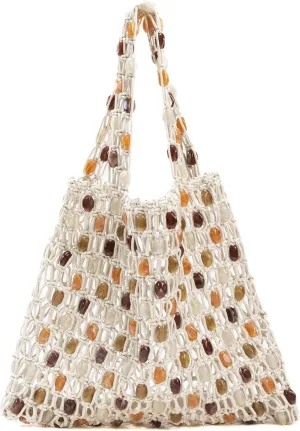 Boho Crochet Shoulder Bag for Women, Colorful Beaded Beach Tote Handbag - Lightweight Summer Knit Hobo Purse & Travel Organizer