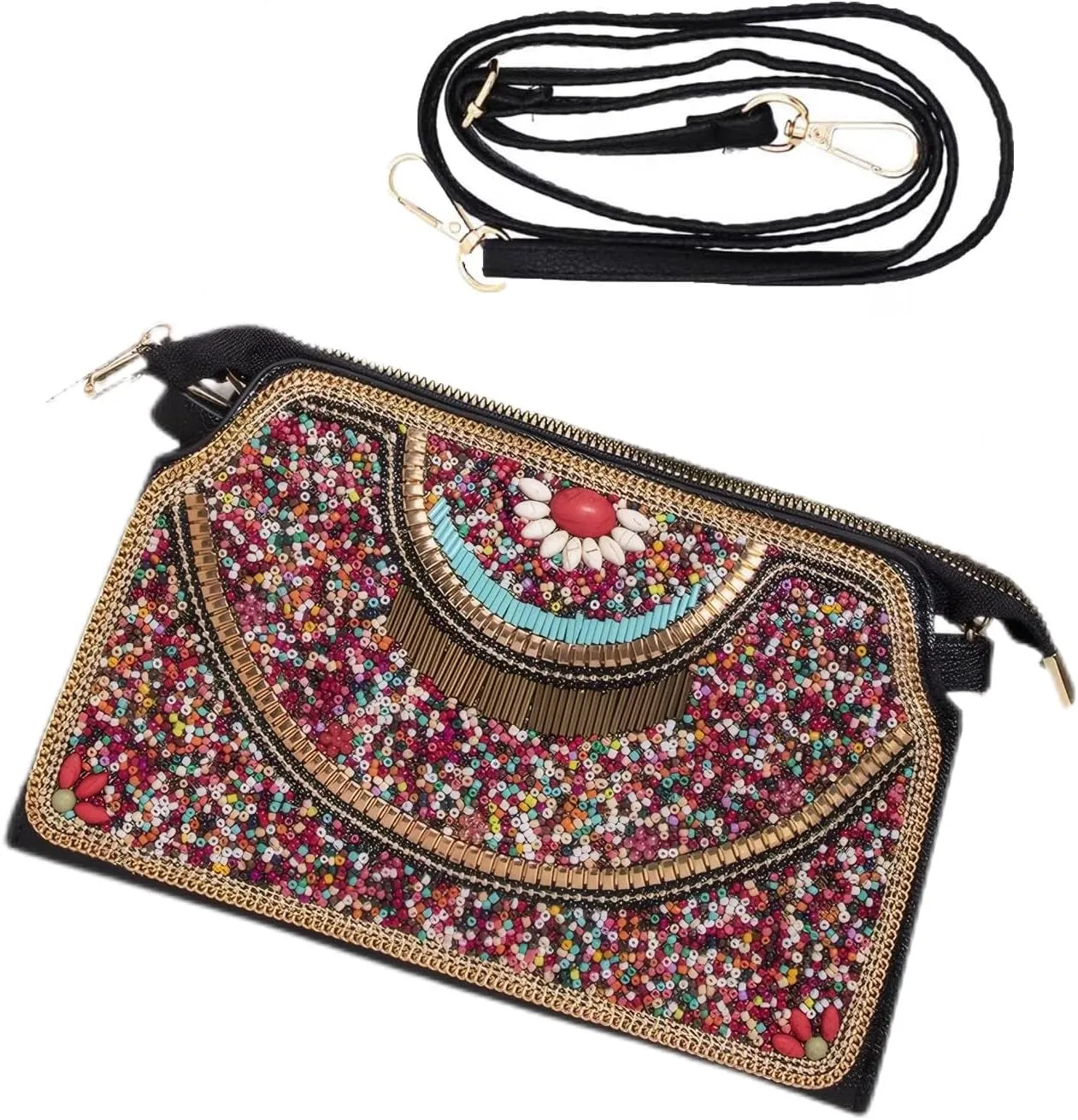 Boho Style Beaded Crossbody Bag for Women, Small Shoulder Bag, Beaded design Cell Phone Wallet Purse, Adjustable Strap