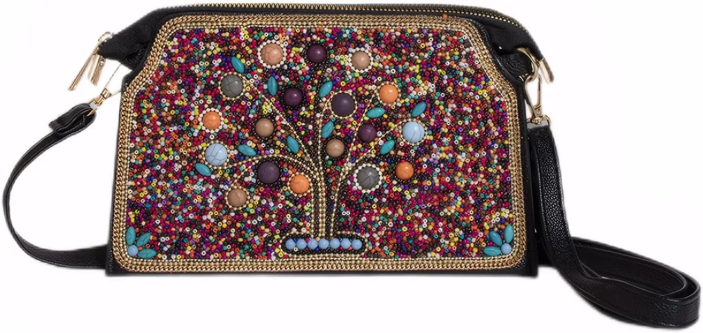 Boho Style Beaded Crossbody Bag for Women, Small Shoulder Bag, Beaded design Cell Phone Wallet Purse, Adjustable Strap