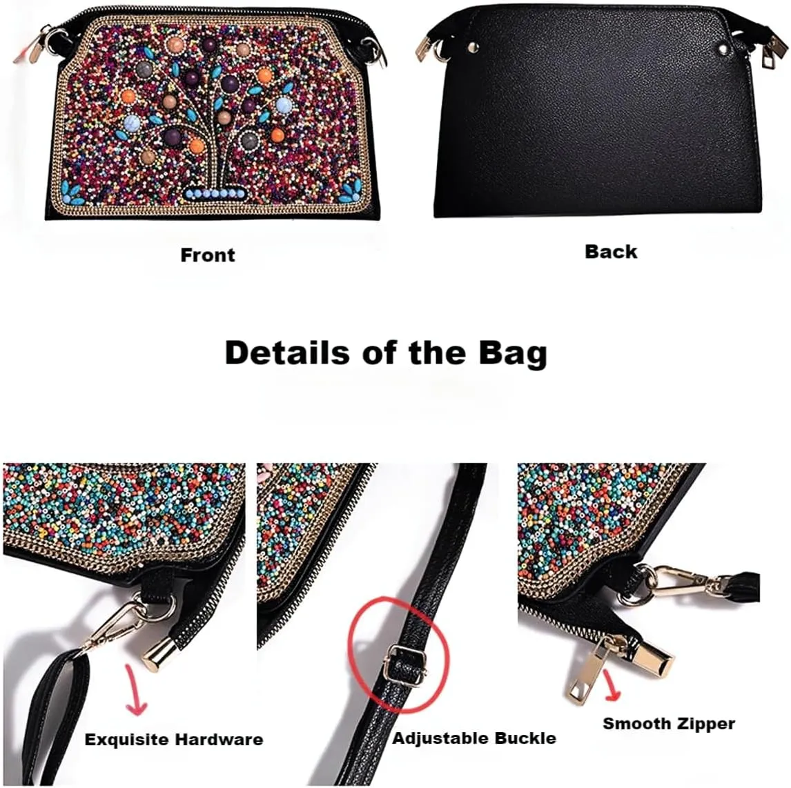 Boho Style Beaded Crossbody Bag for Women, Small Shoulder Bag, Beaded design Cell Phone Wallet Purse, Adjustable Strap