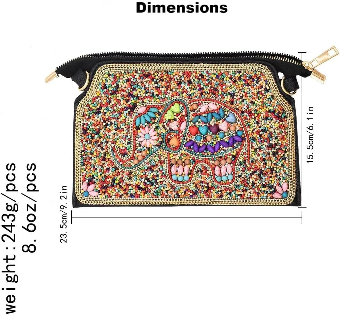 Boho Style Beaded Crossbody Bag for Women, Small Shoulder Bag, Beaded design Cell Phone Wallet Purse, Adjustable Strap