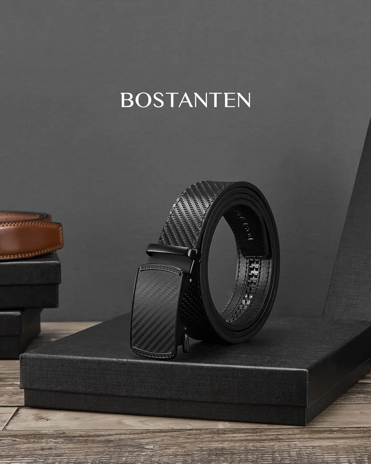 BOSTANTEN Mens Belt Leather Ratchet Belt For Men Dress and Casual with Adjustable Buckle, Trim to Fit