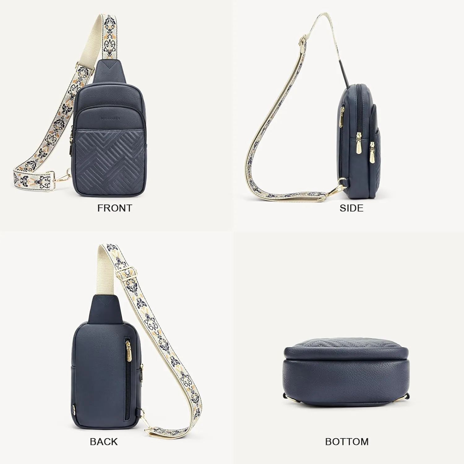 BOSTANTEN Sling Bag Quilted Crossbody Bags for Women Cross Body Purse Leather Fanny Pack with Adjustable Guitar Strap
