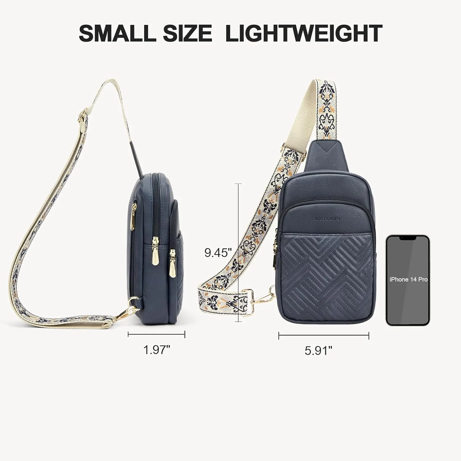BOSTANTEN Sling Bag Quilted Crossbody Bags for Women Cross Body Purse Leather Fanny Pack with Adjustable Guitar Strap