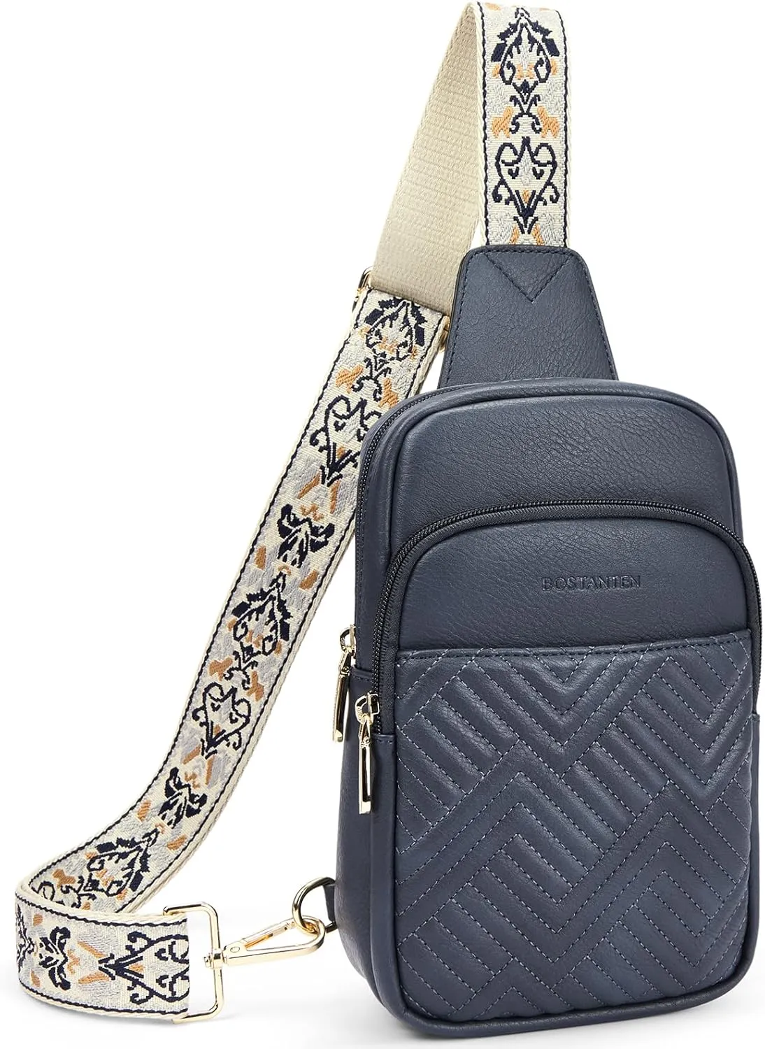 BOSTANTEN Sling Bag Quilted Crossbody Bags for Women Cross Body Purse Leather Fanny Pack with Adjustable Guitar Strap