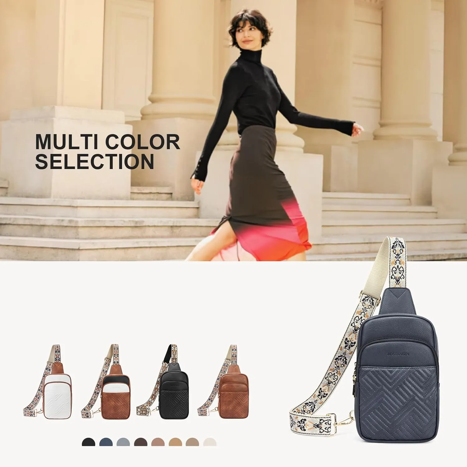 BOSTANTEN Sling Bag Quilted Crossbody Bags for Women Cross Body Purse Leather Fanny Pack with Adjustable Guitar Strap