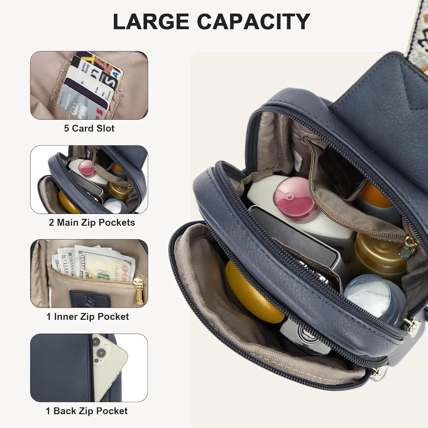 BOSTANTEN Sling Bag Quilted Crossbody Bags for Women Cross Body Purse Leather Fanny Pack with Adjustable Guitar Strap