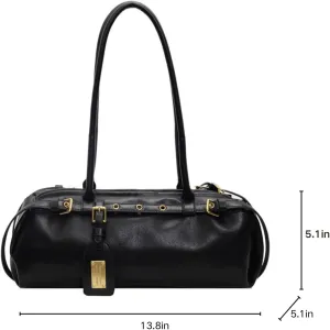 Boston Shoulder Bag for Women,Leather Tote Bag,Casual Bowling Bag with Belt Tags,Retro Underarm Bag for Work/Travel
