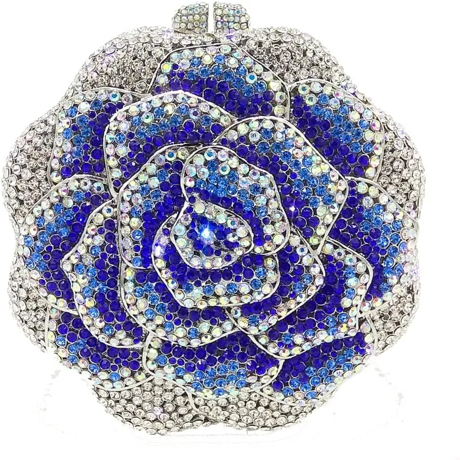 Boutique De FGG Rose Crystal Clutch Purse Women Flower Evening Bag Wedding Party Prom Bridal Rhinestone Floral Handbag,Mini