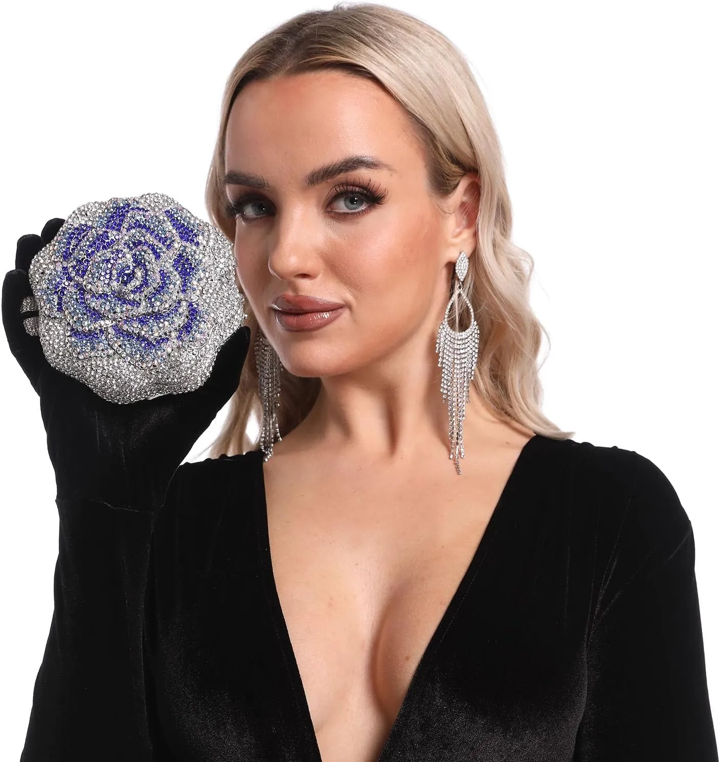 Boutique De FGG Rose Crystal Clutch Purse Women Flower Evening Bag Wedding Party Prom Bridal Rhinestone Floral Handbag,Mini