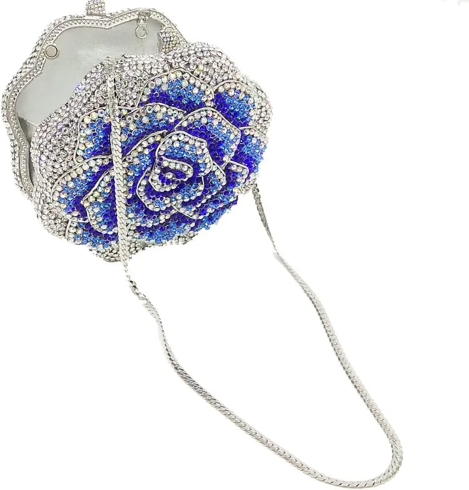 Boutique De FGG Rose Crystal Clutch Purse Women Flower Evening Bag Wedding Party Prom Bridal Rhinestone Floral Handbag,Mini