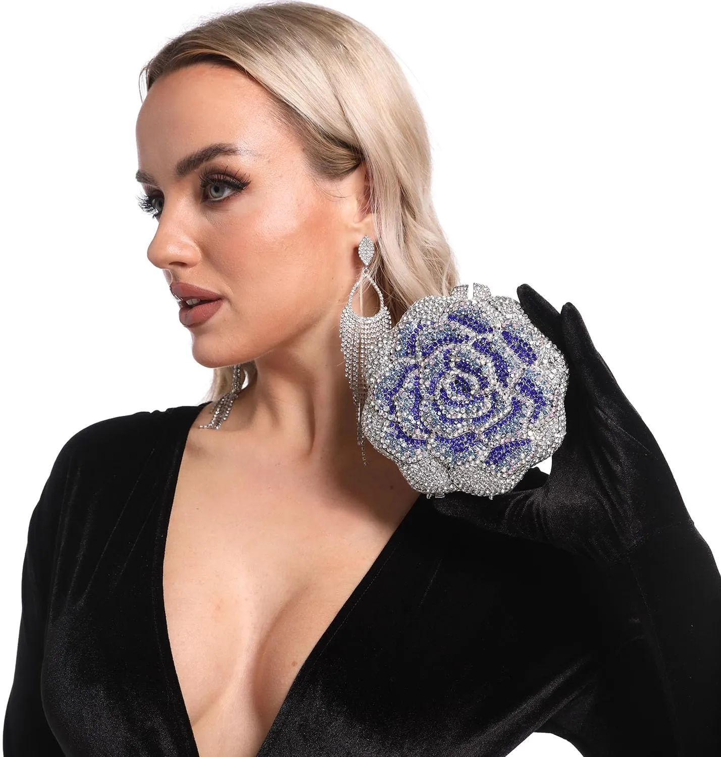 Boutique De FGG Rose Crystal Clutch Purse Women Flower Evening Bag Wedding Party Prom Bridal Rhinestone Floral Handbag,Mini