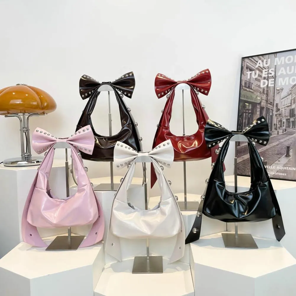 Bow-Tie Hobo Bags Women 2025 Trendy Y2k Rivet Shoulder Bags Bowknot Underarm Handbag Purse for Party Vacation Makeup