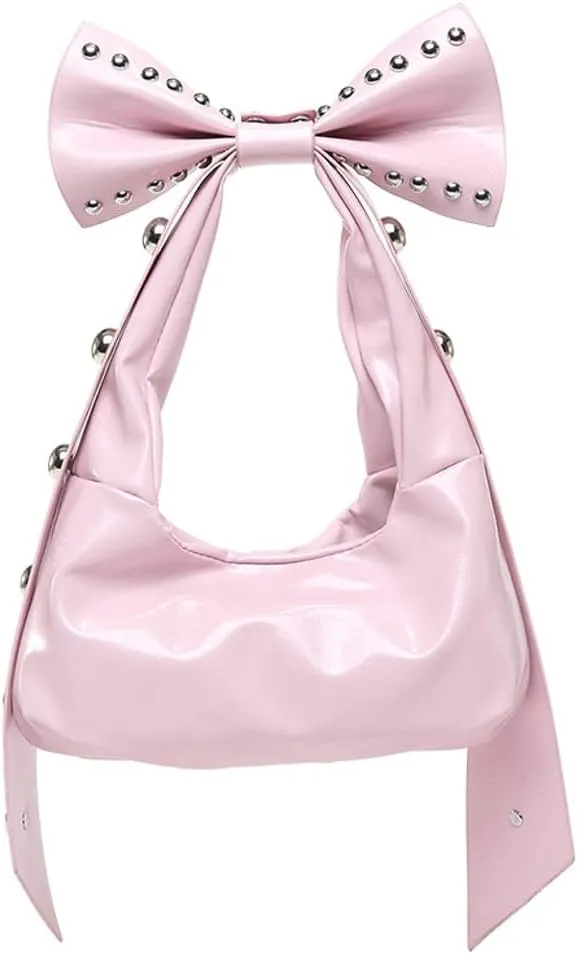 Bow-Tie Hobo Bags Women 2025 Trendy Y2k Rivet Shoulder Bags Bowknot Underarm Handbag Purse for Party Vacation Makeup