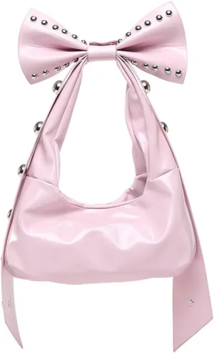 Bow-Tie Hobo Bags Women 2025 Trendy Y2k Rivet Shoulder Bags Bowknot Underarm Handbag Purse for Party Vacation Makeup