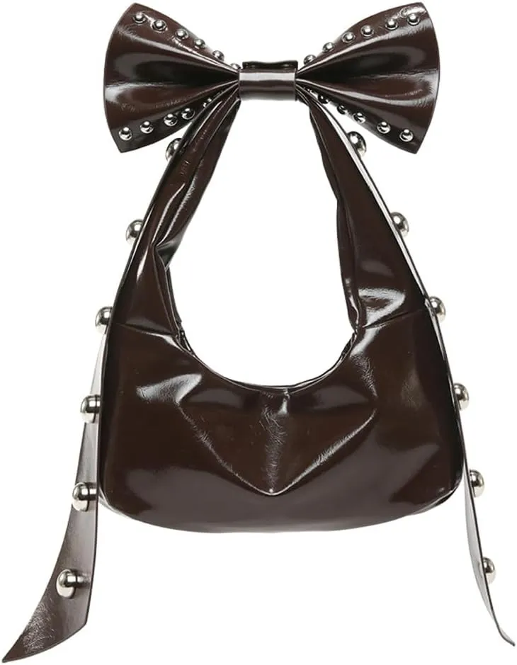 Bow-Tie Hobo Bags Women 2025 Trendy Y2k Rivet Shoulder Bags Bowknot Underarm Handbag Purse for Party Vacation Makeup