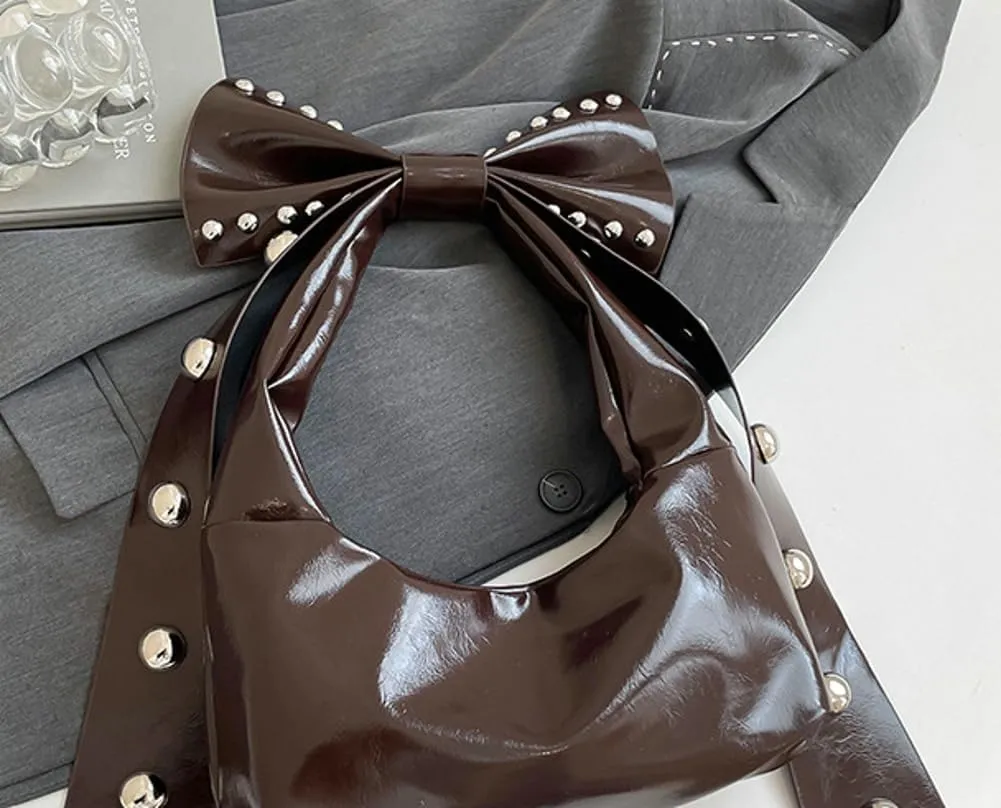 Bow-Tie Hobo Bags Women 2025 Trendy Y2k Rivet Shoulder Bags Bowknot Underarm Handbag Purse for Party Vacation Makeup