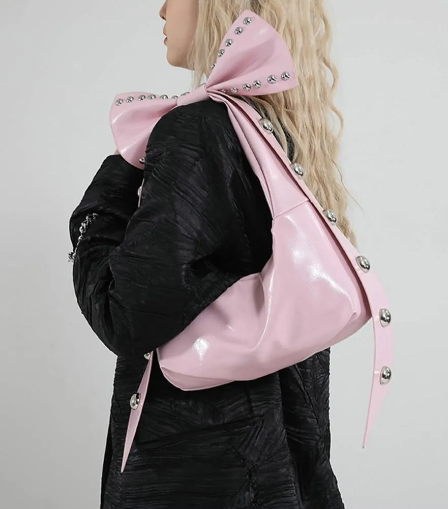 Bow-Tie Hobo Bags Women 2025 Trendy Y2k Rivet Shoulder Bags Bowknot Underarm Handbag Purse for Party Vacation Makeup