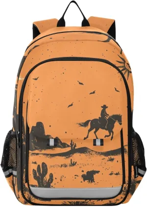 Boys Girls School Bag Lunar Western Cowboy Orange Large Capacity Travel Backpack with Chest Strap