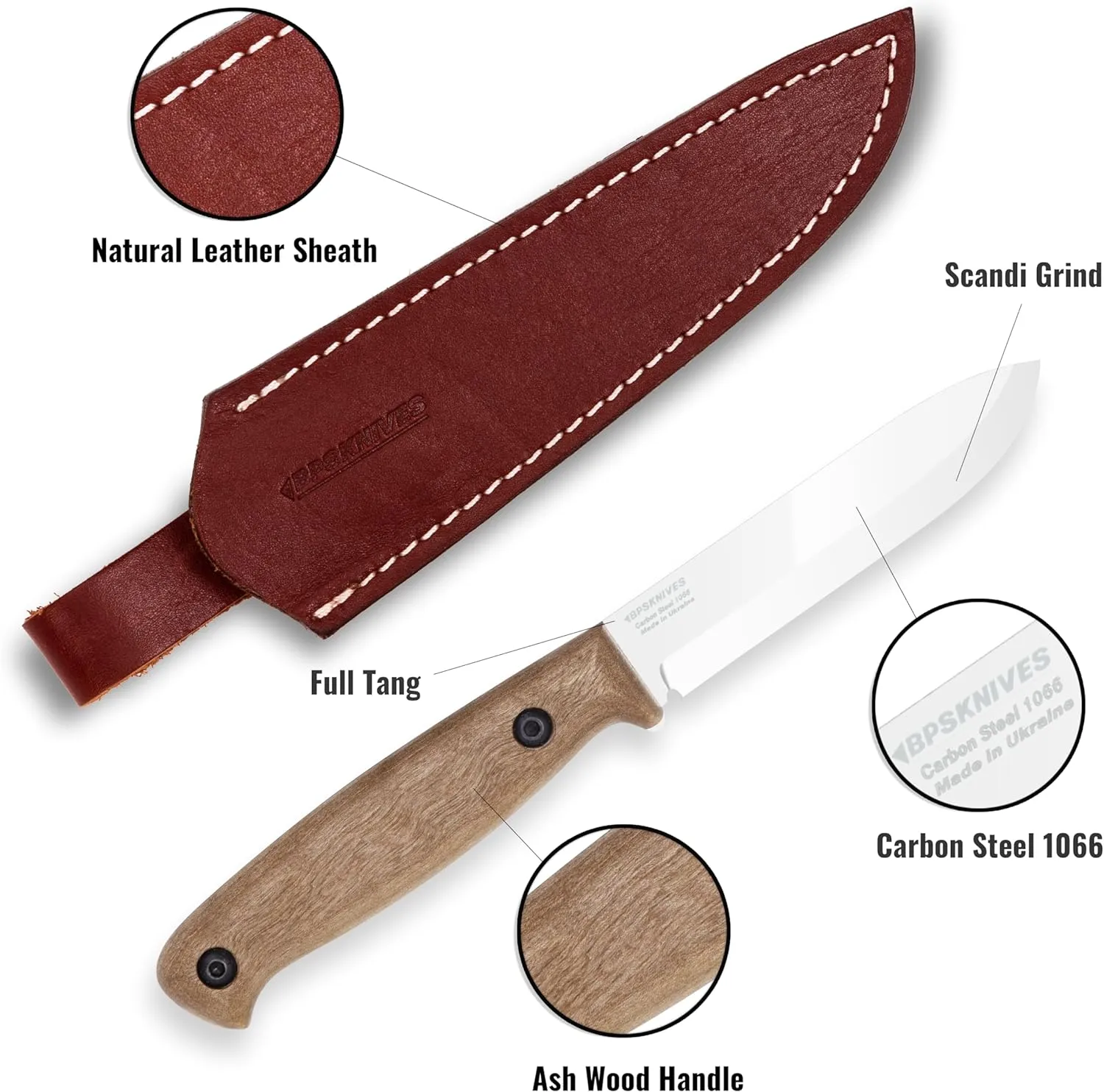 BPS Knives BS1FT CSH - Full-Tang Fixed-Blade Knife - Sharp Carbon Steel Bushcraft Knife With Sheath - Survival Compact Knives - Outdoor Tactical Camp Knife