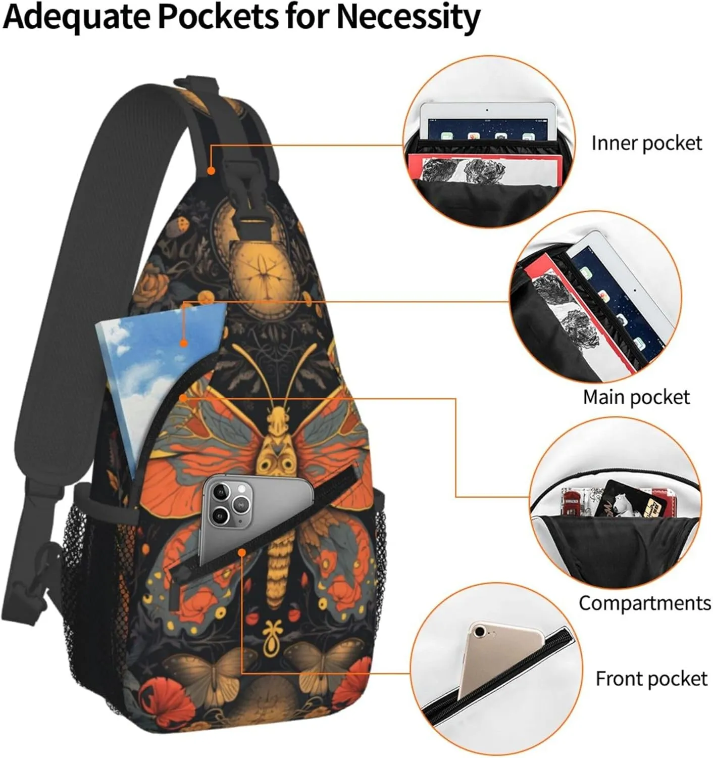 Brightly Butterfly with Ornate Flower Sling Backpack Crossbody Bag, Chest Bag Daypack for Outdoors Hiking Traveling