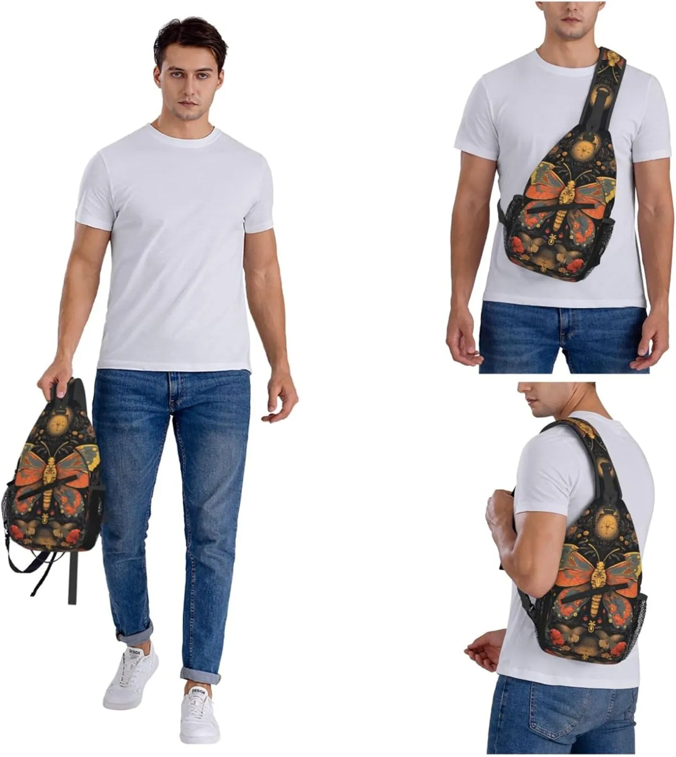 Brightly Butterfly with Ornate Flower Sling Backpack Crossbody Bag, Chest Bag Daypack for Outdoors Hiking Traveling