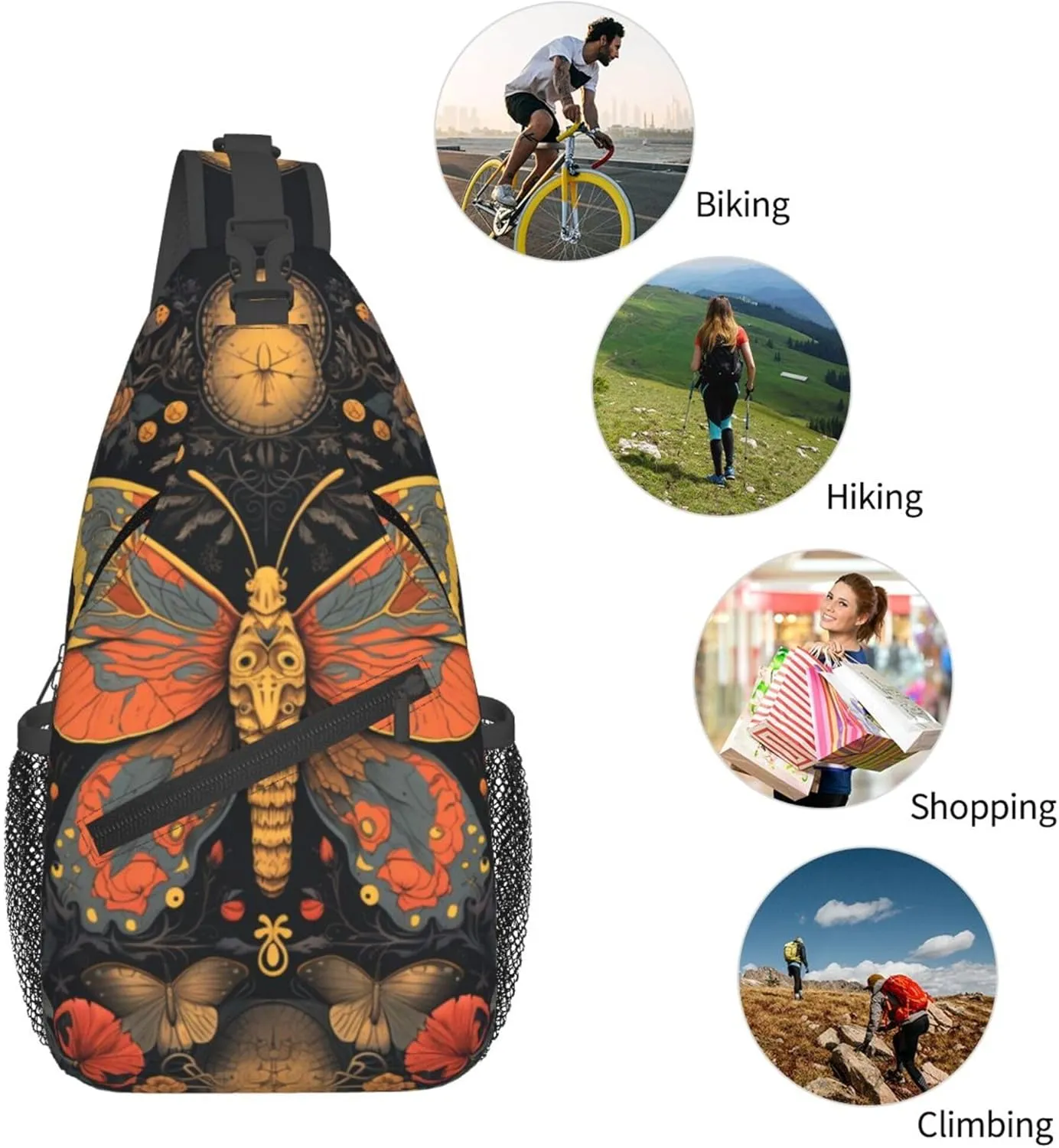 Brightly Butterfly with Ornate Flower Sling Backpack Crossbody Bag, Chest Bag Daypack for Outdoors Hiking Traveling