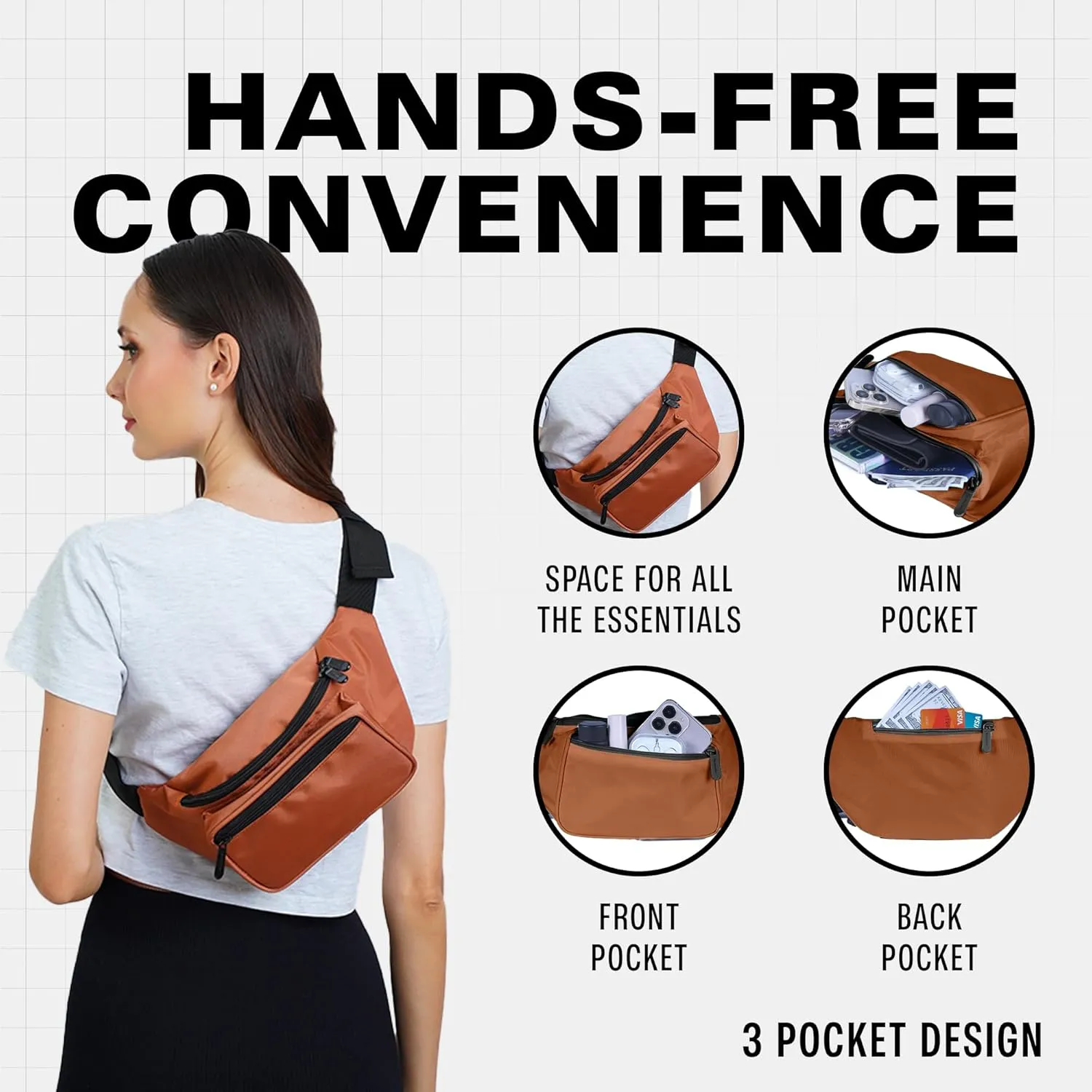 Brown Fanny Pack Belt bag - Crossbody Waist Bag for Men or Women - Hands-Free, Waterproof Large Bumbag for Hiking, Running, and Travel